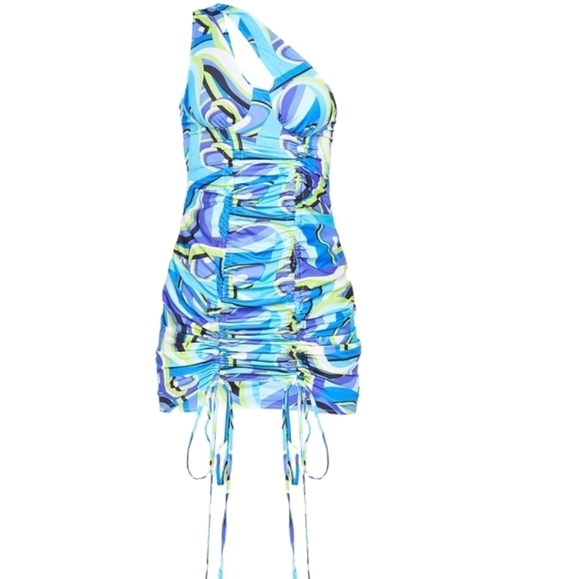 PLT Woven One Shoulder‎ Ruched Bodycon Dress Blue abstract Women's Size 8 Rave - Picture 5 of 14